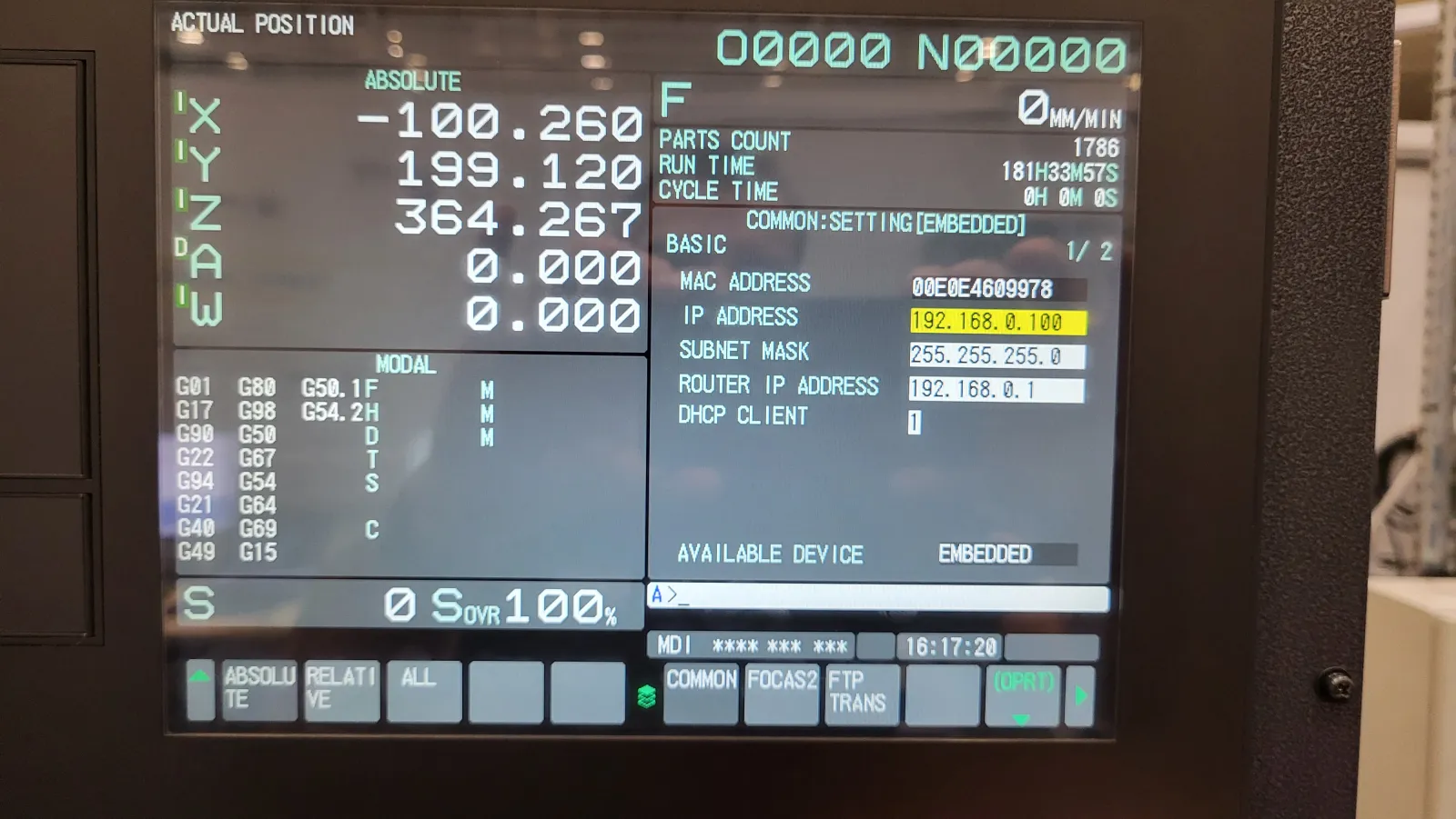 Fanuc COMMON:SETTING(EMBEDDED) screen showing the IP ADDRESS, SUBNET MASK and ROUTER IP ADDRESS fields