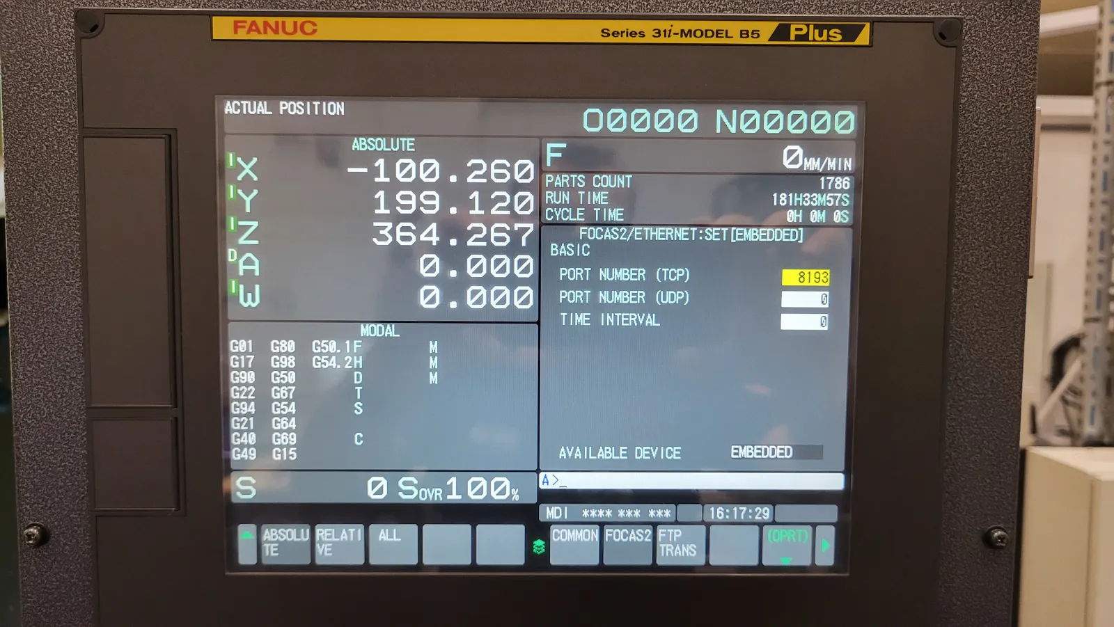 Fanuc FOCAS2/ETHERNET:SET(EMBEDDED) screen showing PORT NUMBER (TCP) set to 8193